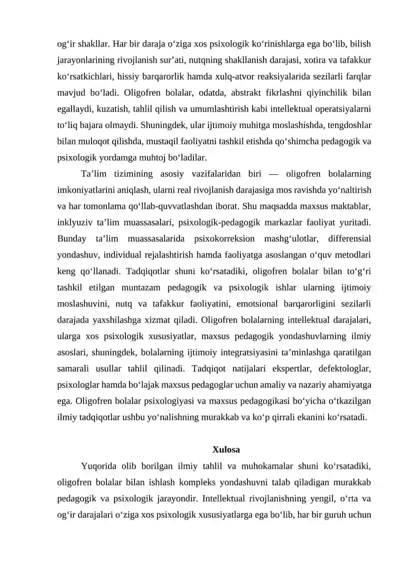 OLIGOFREN BOLALAR: INTELLEKTUALNING DARAJALARI VA PSIKOLOGIK XUSIYATLARI 2