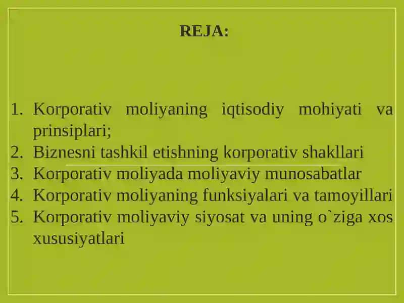 Korporativ moliyaning iqtisodiy mazmuniva tashkil etilishi 2