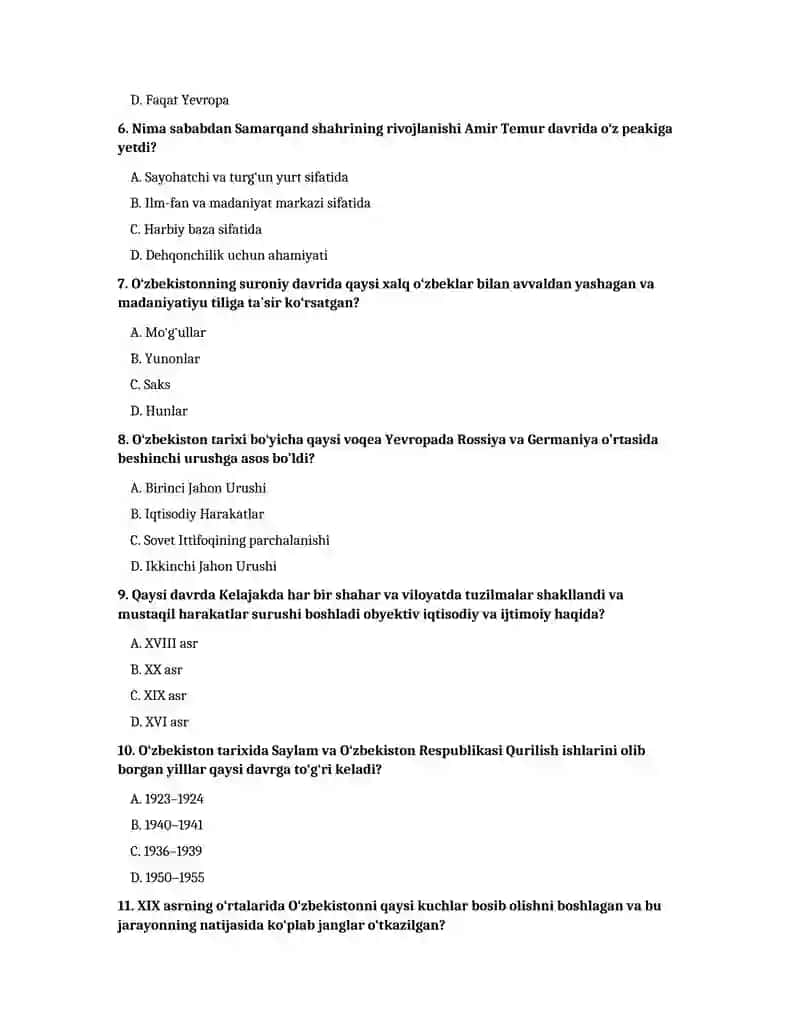 Tarix fanidan testlar 7-sinf darsligi 2