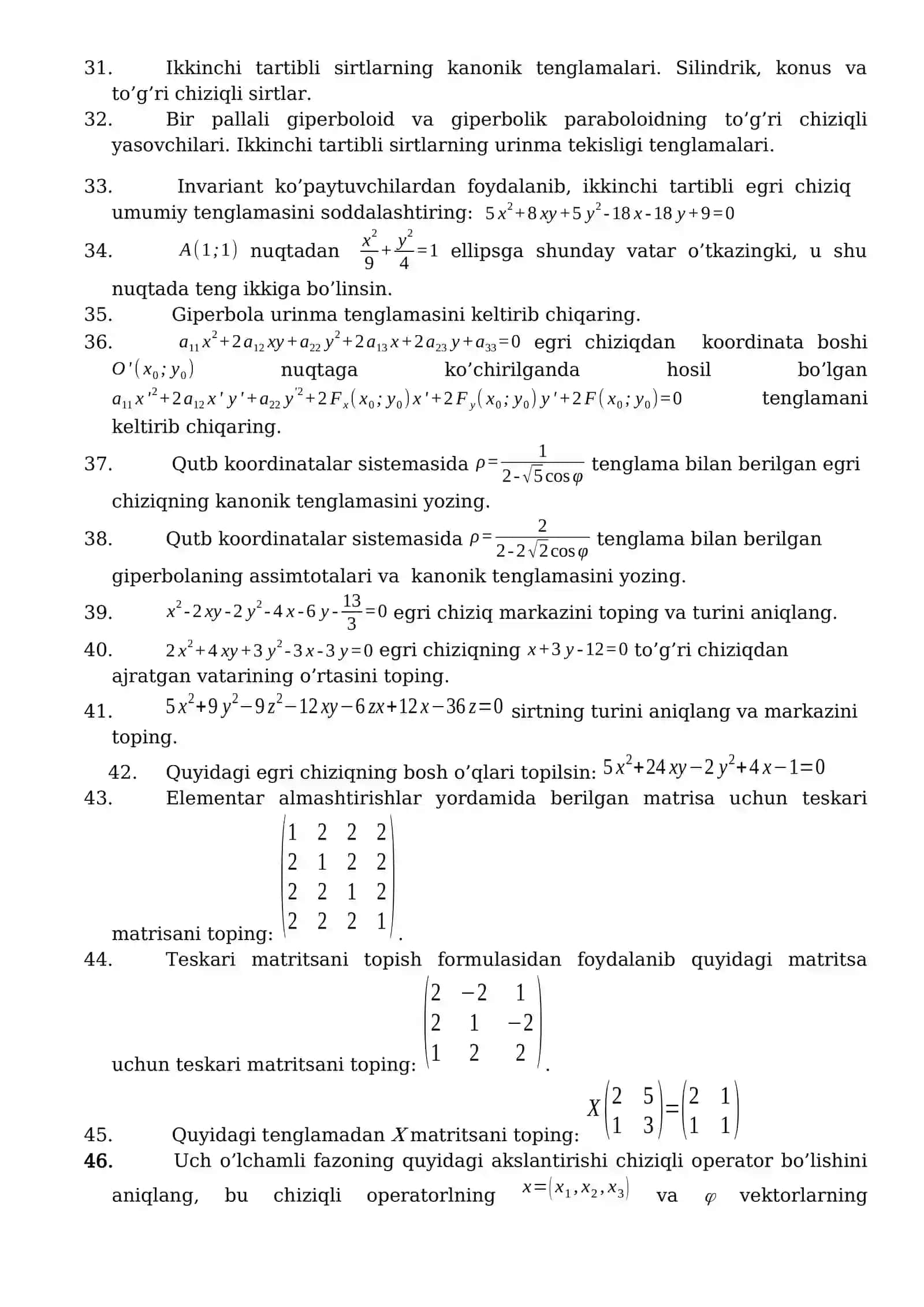 CHIZIQLI ALGEBRA VA ANALITIK GEOMETRIYA FANIDAN 4-KURS TALABALARI UCHUN YOZMA DAVLAT IMTIHONIGA KIRITILADIGAN SAVOLLAR RO’YXATI 2