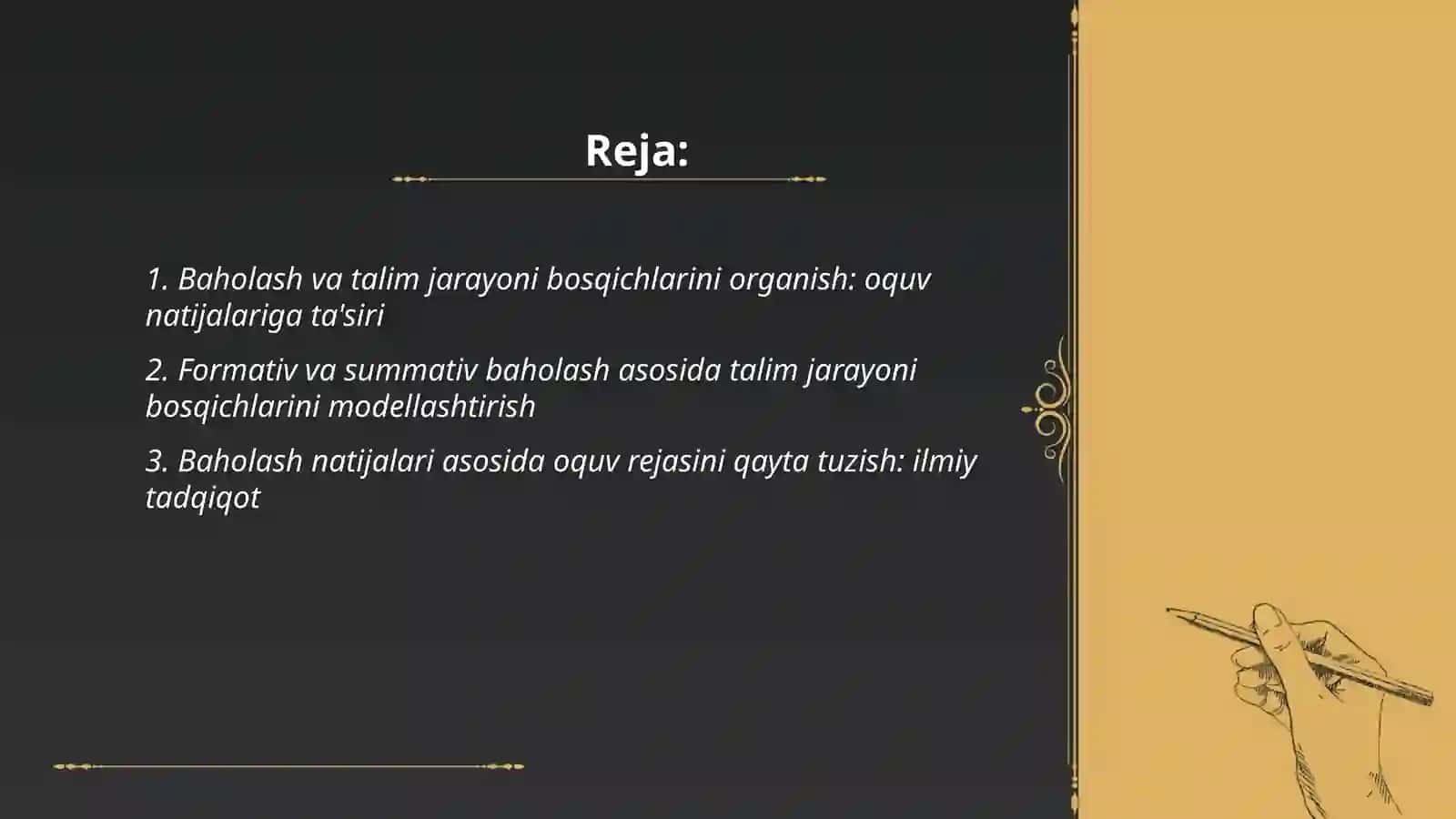Baholash va talim jarayoni bosqichlarini organish va olgan xulosalari asosida tezis yaratish 2