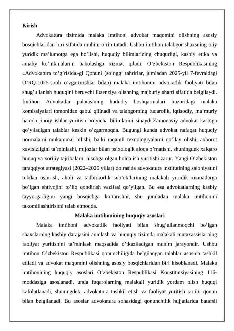 Malaka imtihoni qabul qilishni takomillashtirish imkoniyatlari 2