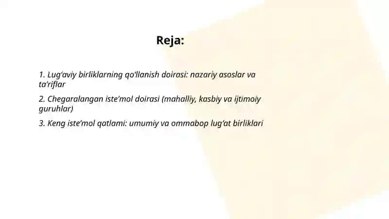 Lugʻaviy birliklarning qoʻllanish doirasiga koʻra guruhlanishi: isteʼmol doirasi chegaralangan va keng isteʼmol qatlami 2