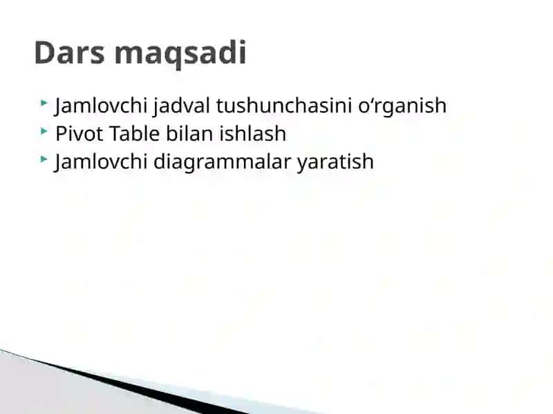 Elektron jadvallarda jamlovchi jadvallar va diagrammalar 2
