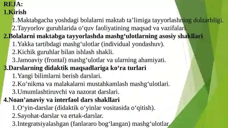 Bolalarni maktabga tayyorlash fanlarini o'qitishda dars shakillari. 2