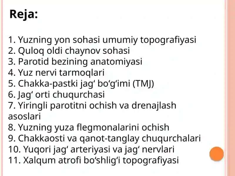 Yuzning yon sohasi klinik anatomiyasi: quloq oldi chaynov sohasi, jag’ orti chuqurchasi, quloq oldi so’lak bezi, yuz nervi va chakka-pastki jag’ bo’g’imining topografiyasi. Yiringli parotitlarni va yuzning yuza flegmonalarini ochish hamda drenajlashni klinik-anatomik asoslari. 2