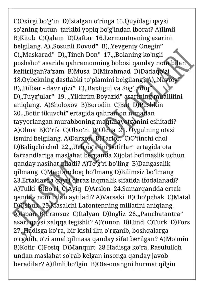 5) sinf ona tili va adabiyot II chorak test 2