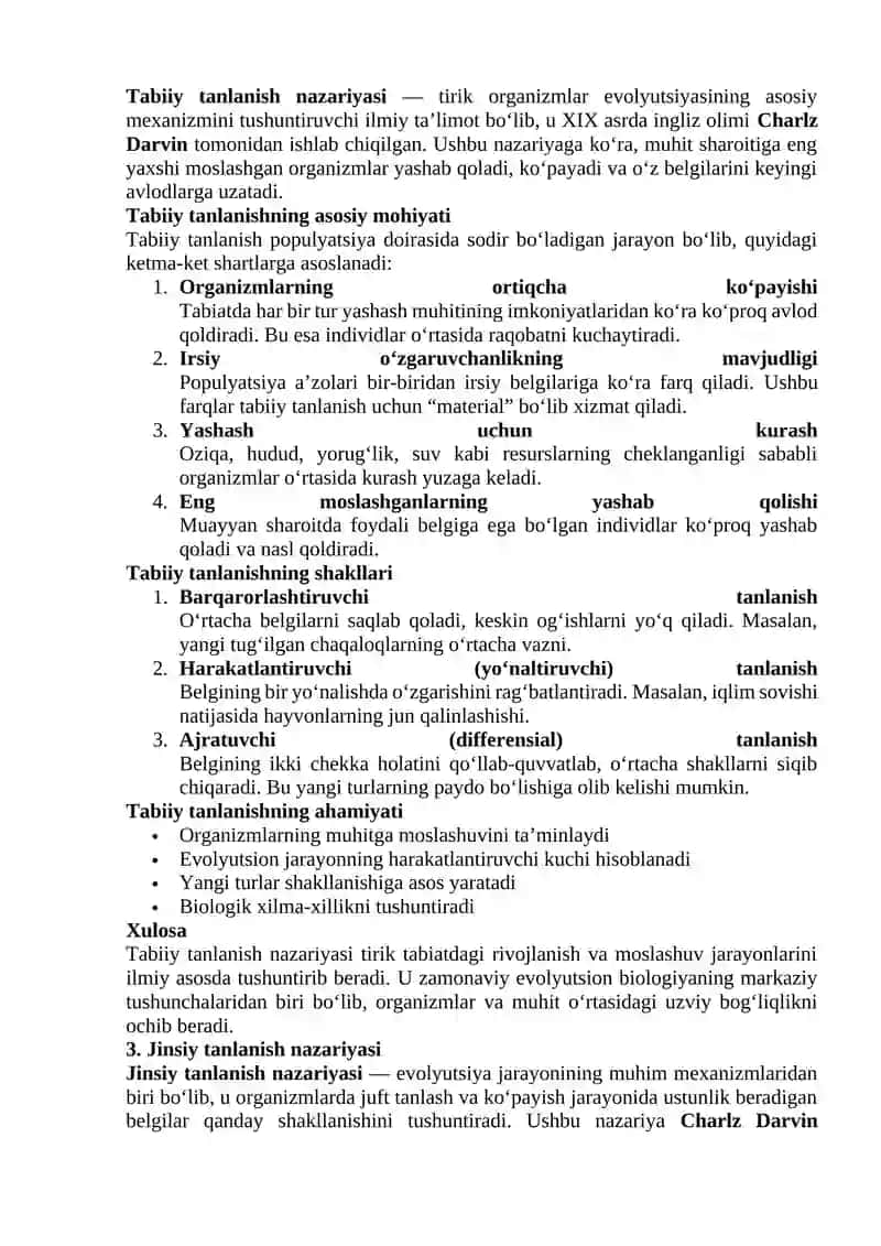 Tabiiy va jinsiy tanlanish nazariyalari 2