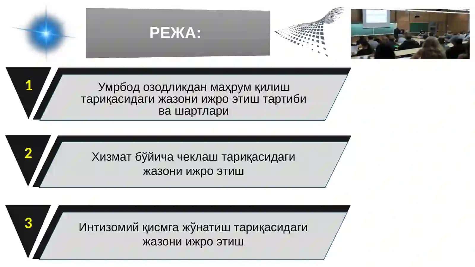 Умрбод озодликдан маҳрум қилиш, хизмат бўйича чеклаш ва интизомий қисмга жўнатиш тариқасидаги жазоларни ижро этиш 2