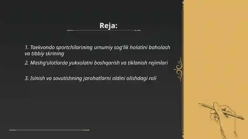 Taekwondo oquv mashgulotlarini tashkil etish fanidan,, Sportchilarning salomatligi” mavzusi 2