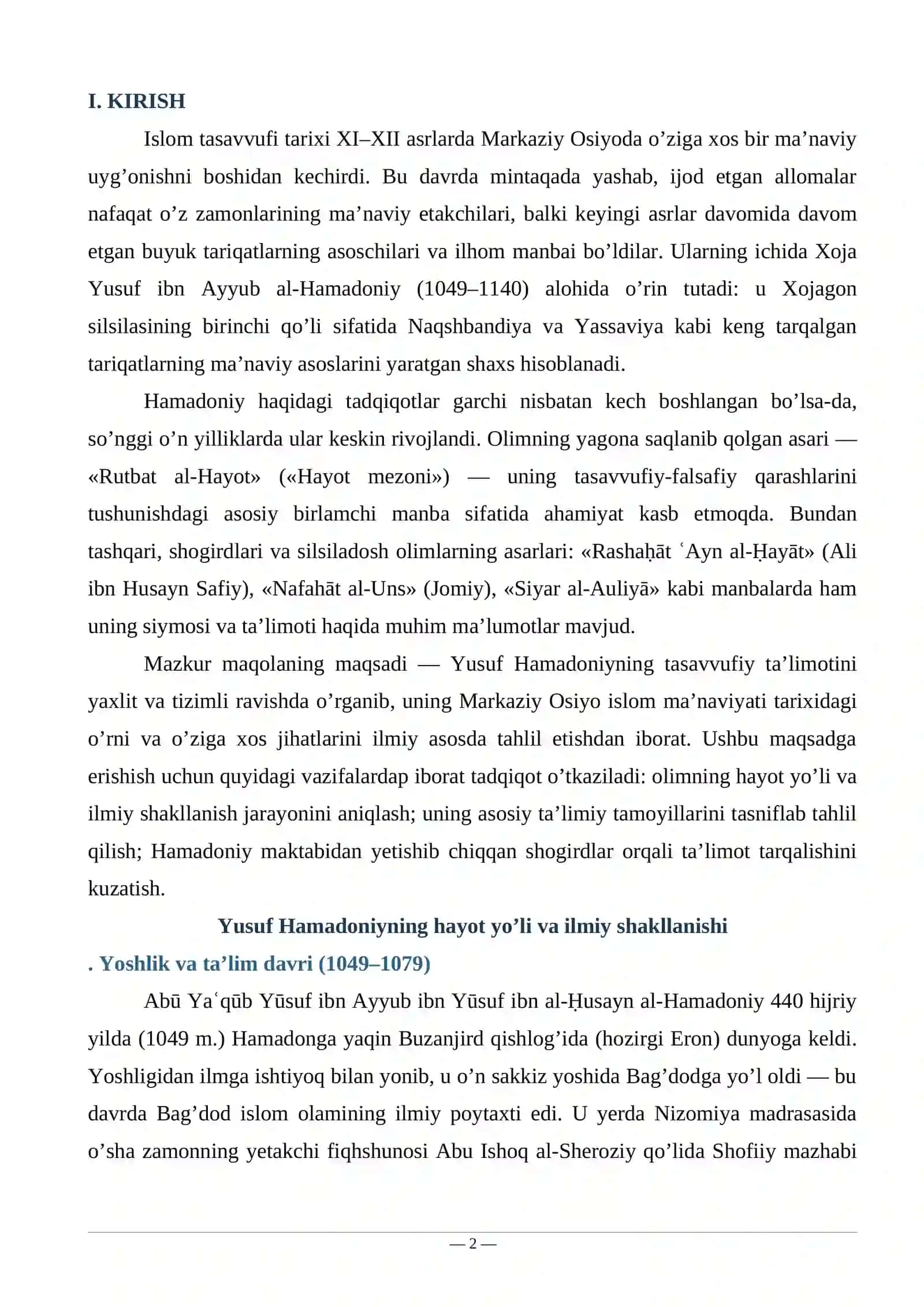 Yusuf Hamadoniy (1049–1140) ta’limotining o’ziga xos jihatlari Maqola 2