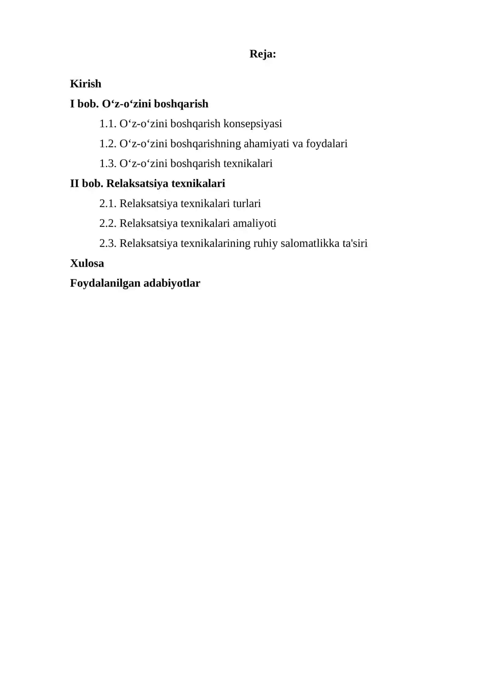 “O‘Z-O‘ZINI BOSHQARISH VA RELAKSATSIYA TEXNIKALARI” MAVZUSIDAGI KURS ISHI 2