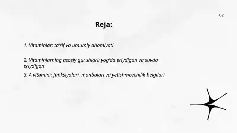 Vitaminlar va ularning organizmga taʼsir,vitaminlarning guruhlari,turlari 2