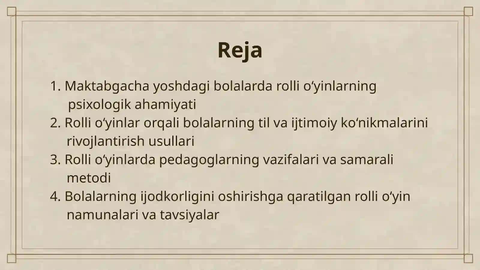 MAKTABGACHA YOSHDAGI BOLALARNING RIVOJLANISHI UCHUN MAVZUNI RIVOJLANTIRUVCHI ROLLI OʻYINLAR 2