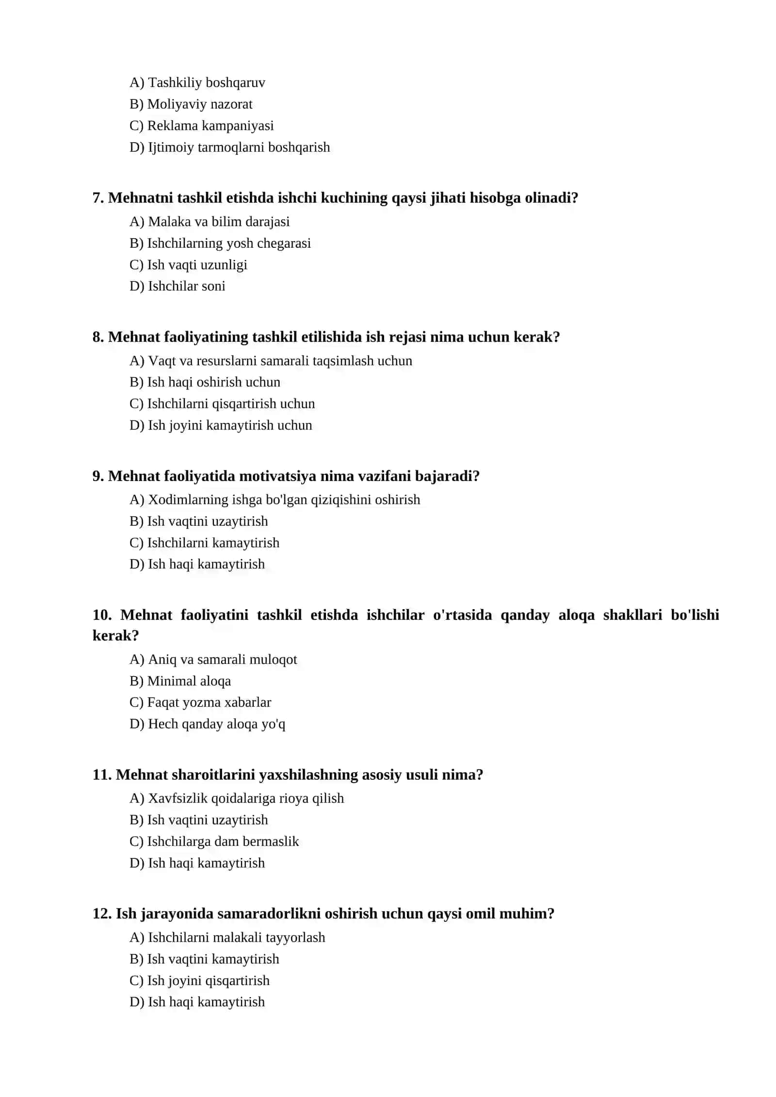 Mehnat faoliyatini tashkil etish bo'yicha test 2