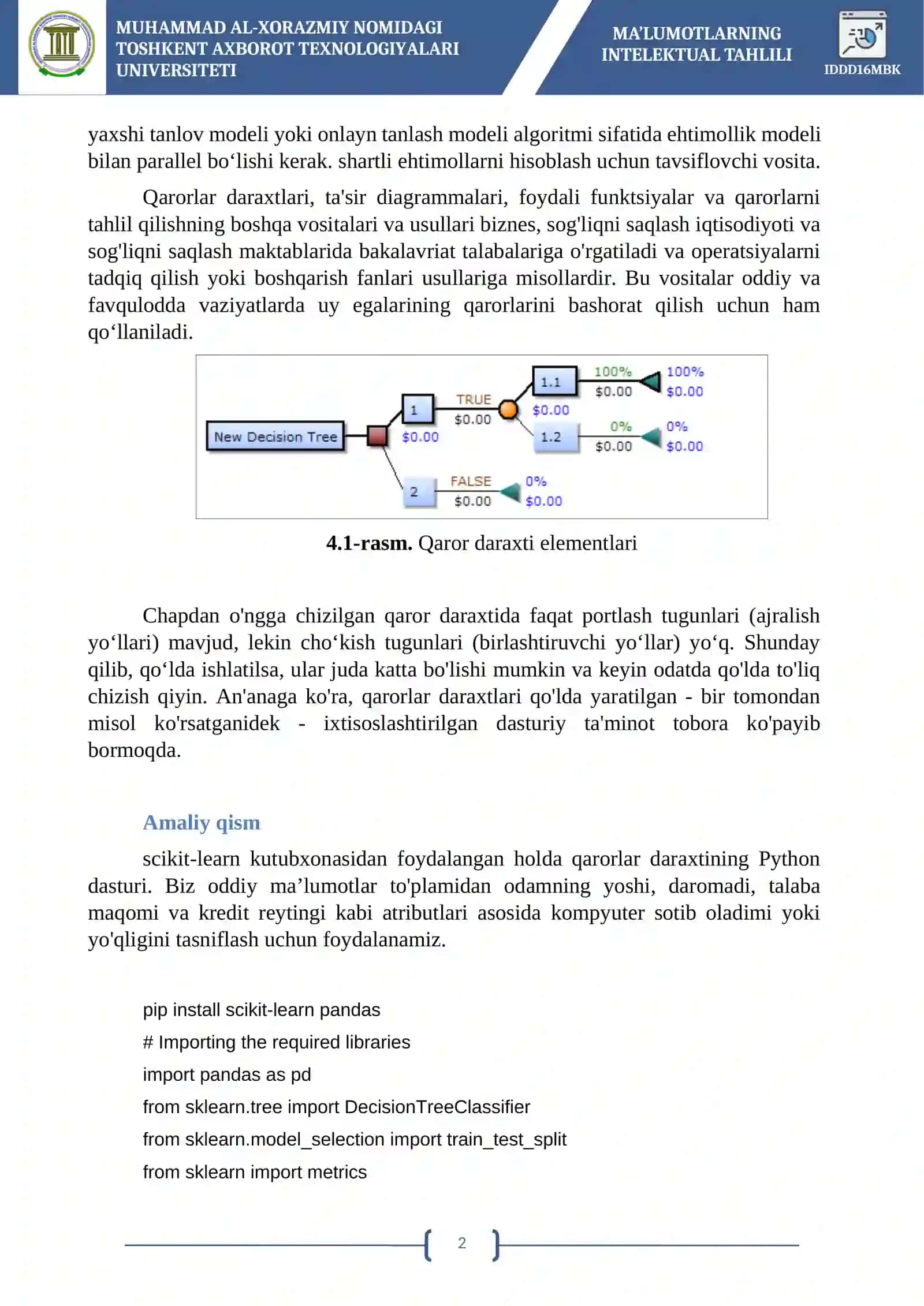 Qaror daraxtlari algoritmini amalga oshirish (Python/Java/Weka) 2