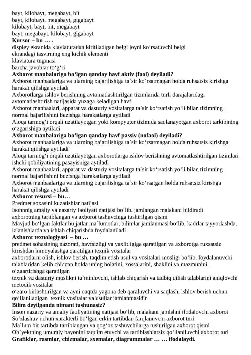 “AXBOROT TEXNOLOGIYALARI” FANI BO‘YICHA  BAKALAVRIAT TA’LIM YO‘NALISHLARI UCHUN  TEST SAVOLLARI 2