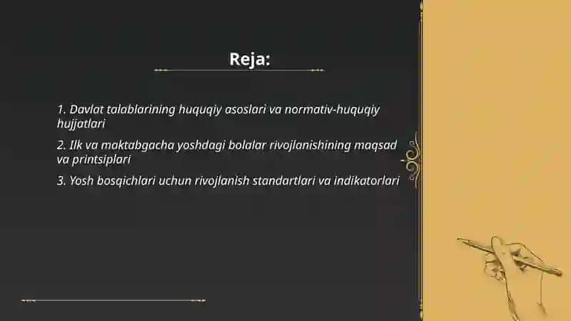 Oʻzbekiston respublikasining ilk va maktabgacha yoshdagi bolalar rivojlanishiga qoʻyiladigan davlat talablarining mazmuni va mohiyati 2