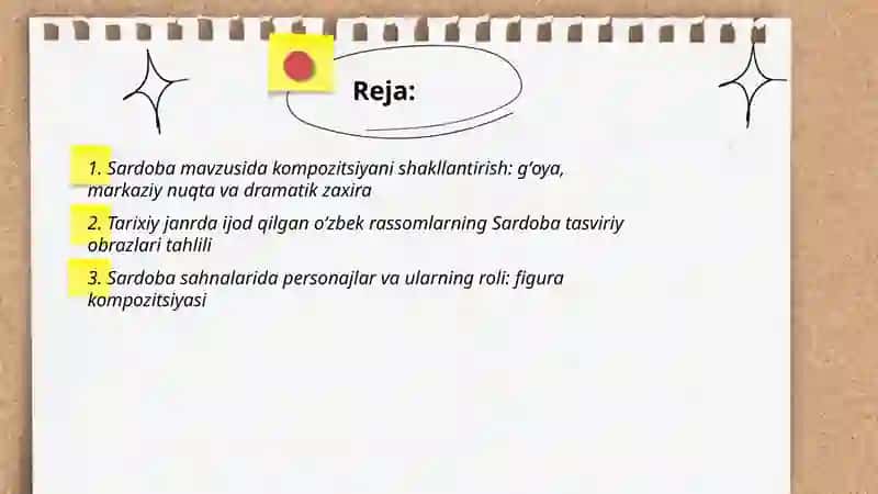 Sardoba mavzusida kompozitsiya yaratish, tarixiy janrda ijod qilgan oʻzbek rassomlari va asarlari tahlili 2