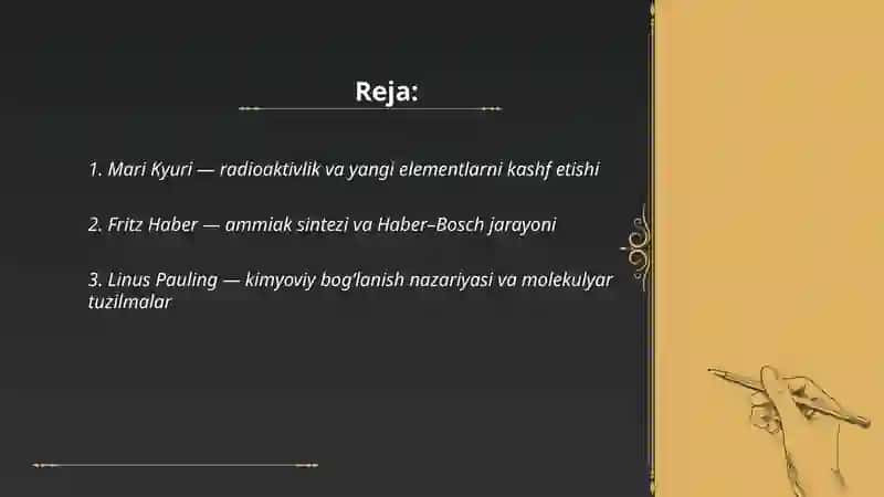 Kimyo sohasida Nobel mukofoti sovrindorlari va yutuqlari 2