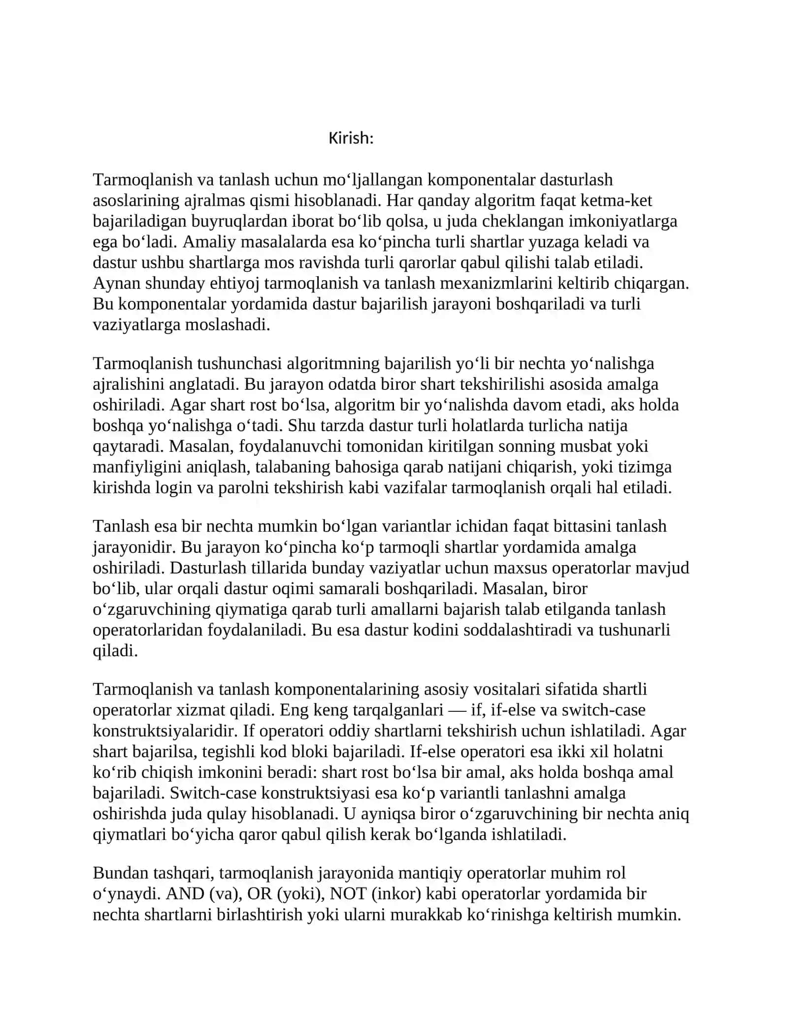 Tarmoqlanish va tanlash uchun mo’ljallangan komponentalar 2