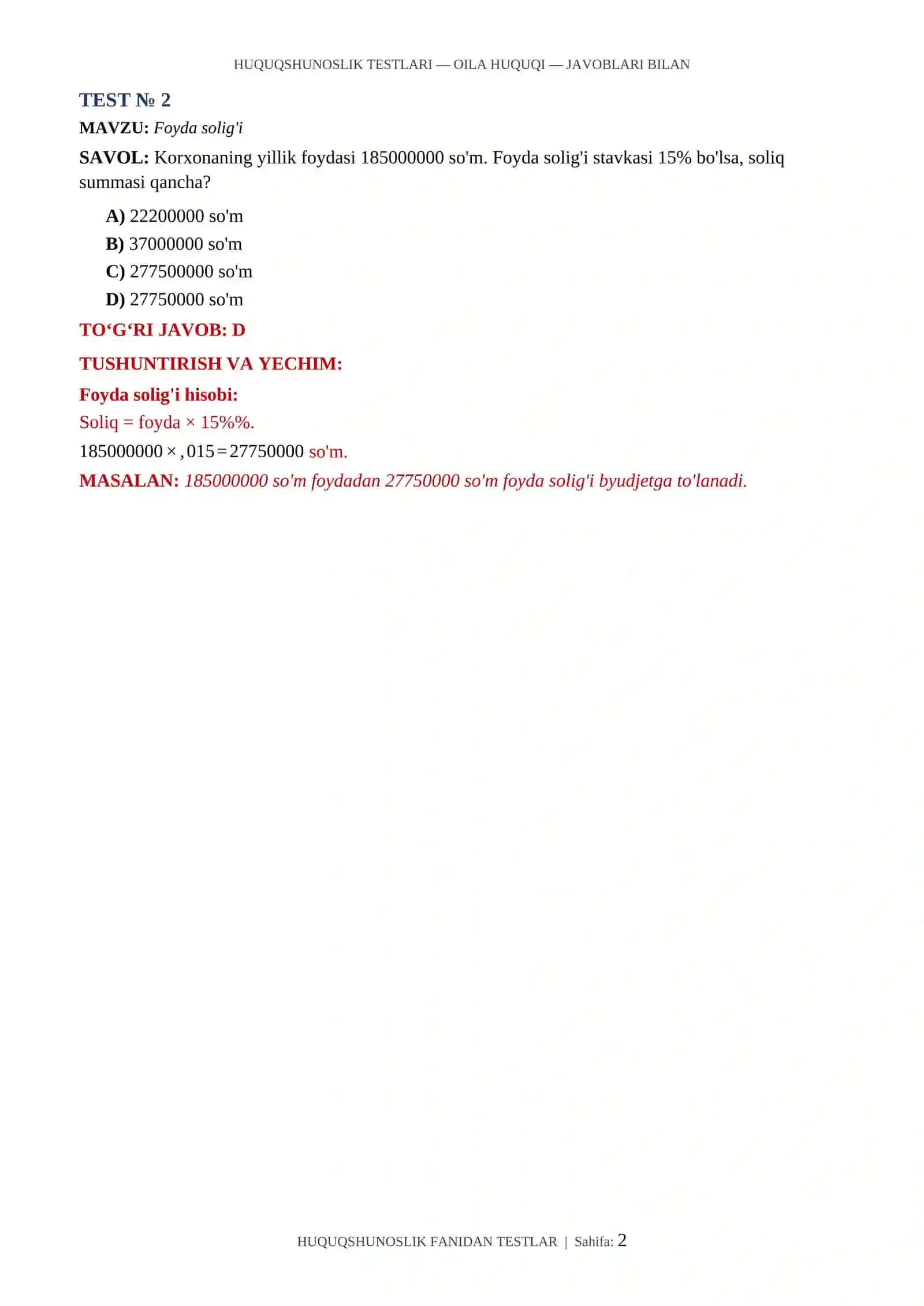 HUQUQSHUNOSLIK TESTLARI — OILA HUQUQI — JAVOBLARI BILAN 2