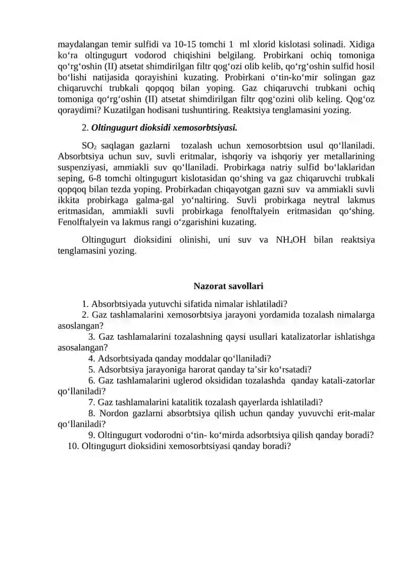 GAZ TASHLAMALARINI ОLTINGUGURT VОDОRОD VA ОLTINGUGURT DIОKSIDIDAN TОZALASH 2