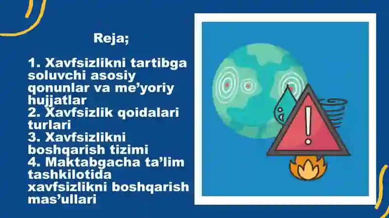 XAVFSIZLIK BILAN  BOG‘LIQ QONUNLAR VA  QOIDALAR VA XAVFSIZLIKNI BOSHQARISH 2
