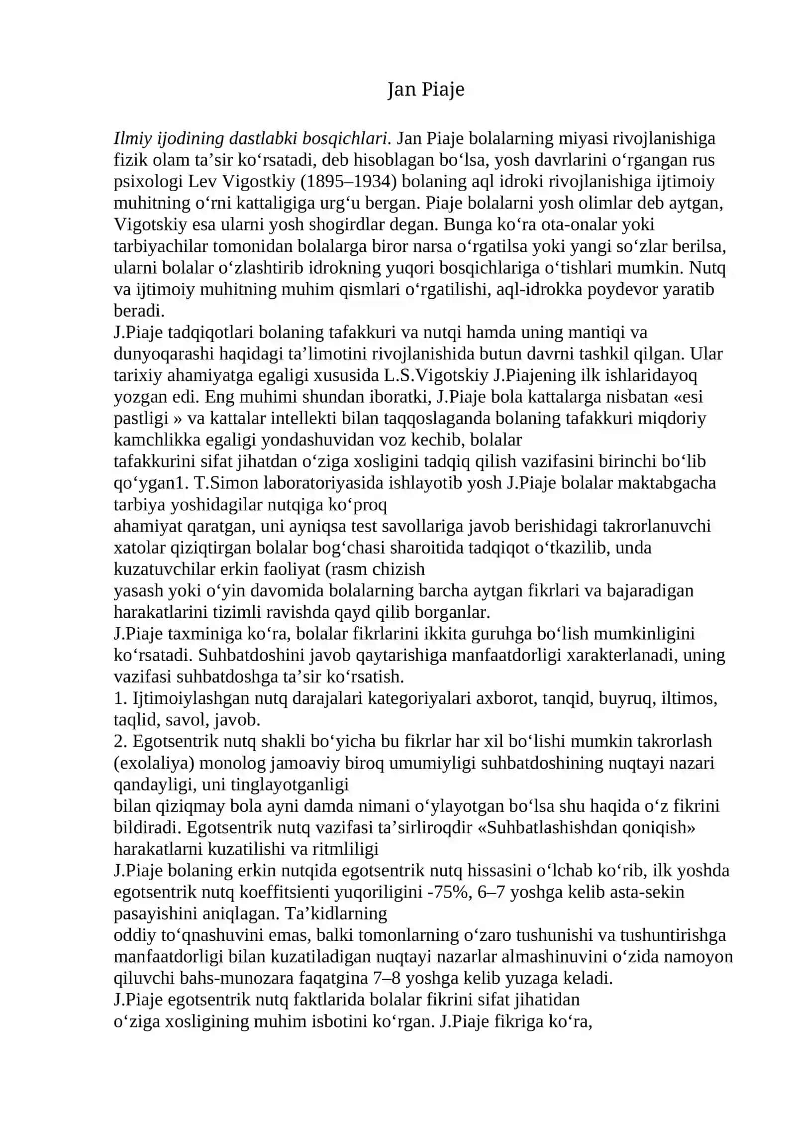 PSIXIK RIVOJLANISH INTELLEKT SHAKLLANISHI SIFATIDA: J.PIAJE KONSEPSIYASI 2