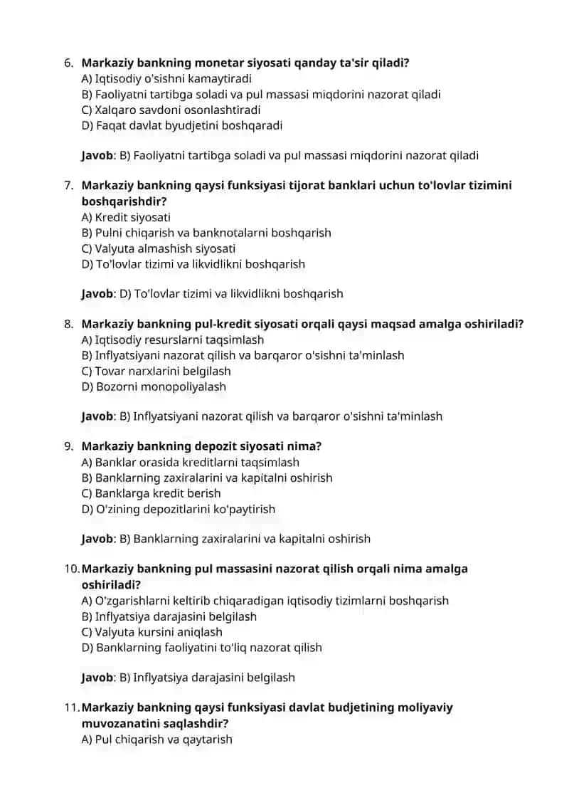 Markaziy bank va uning funksiyalari test savollari 2