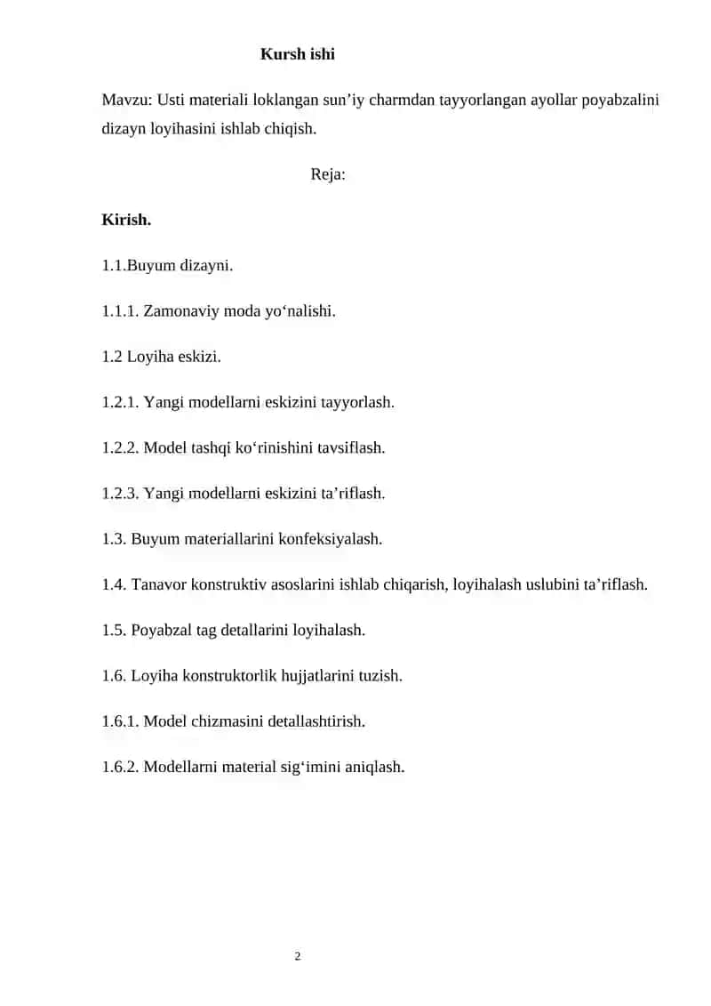 Ustki materiali  loklangan sun’iy charmdan tayyorlangan ayollar poyabzalini dizayn loyihasini ishlab  chiqish 2