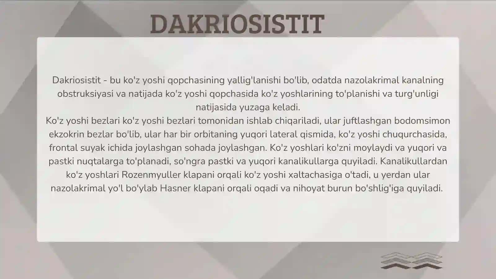 O'TKIR DAKRIOSISTIT.KLINIK DIAGNOSTIK TAMOYILLAR VA DAVOLASH TAMOYILLARI 2