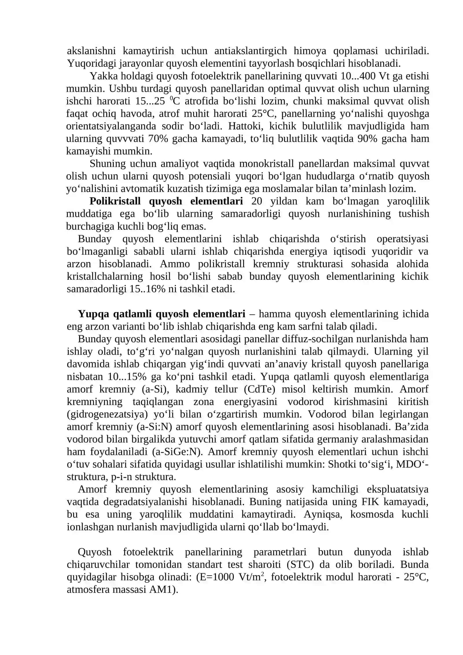 Quyosh elementi va fotoelektrik modulining parametrlari va xarakteristikalari 2