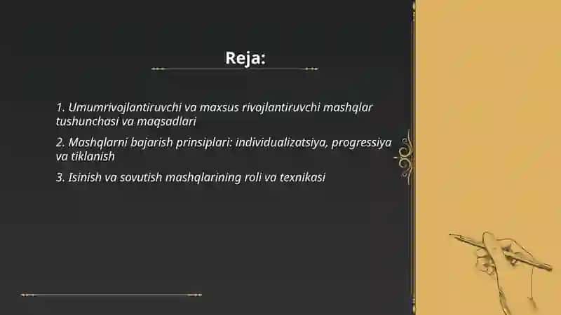Umumrivojlantiruvchi va maxsus rivojlantiruvchi mashqlarni bajarishni oʻrganish 2