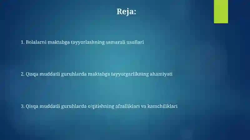 Qisqa muddatli guruhlarda bolalarni maktabga tayyorlash 2