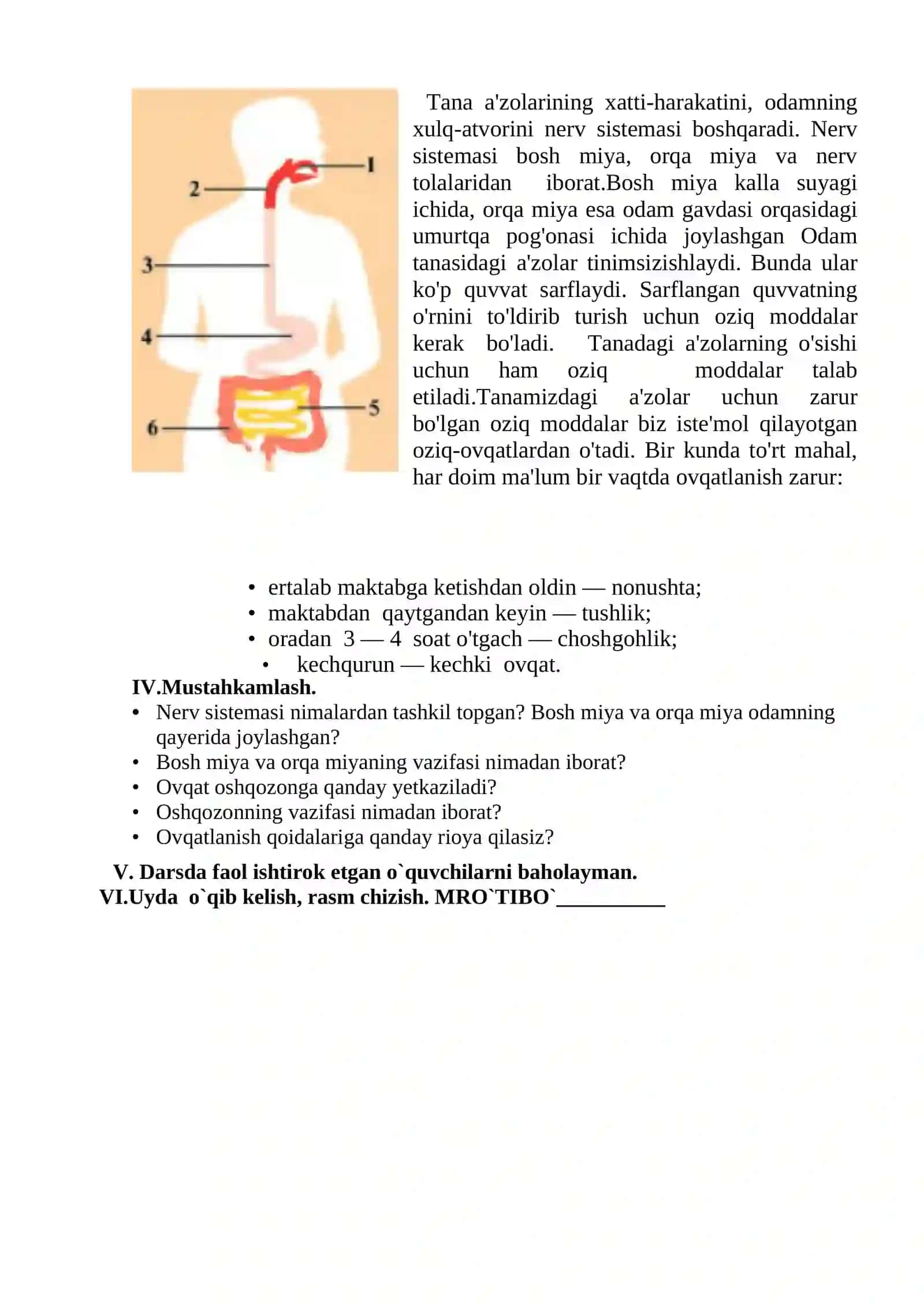 3-sinf Tabiatshunoslik fanidan Odamning miyasi. Ovqat qanday hazm qilinadi dars ishlanma 2