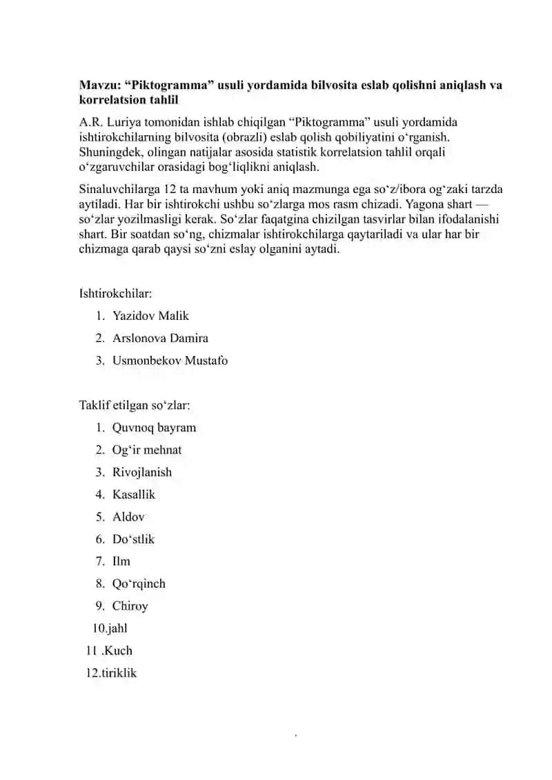 Piktogramma” usuli yordamida bilvosita eslab qolishni aniqlash va korrelatsion tahlil 2