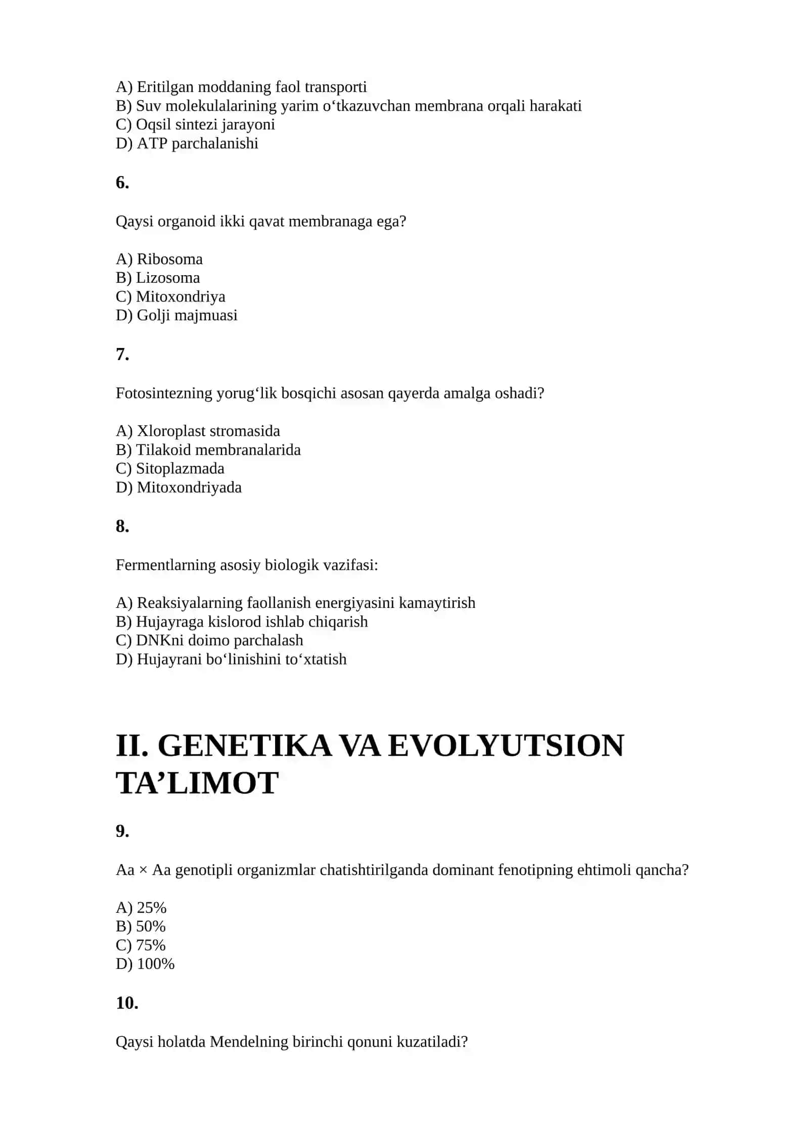 BIOLOGIYA FANI O‘QITUVCHILARI UCHUN KASBIY IMTIHON 2