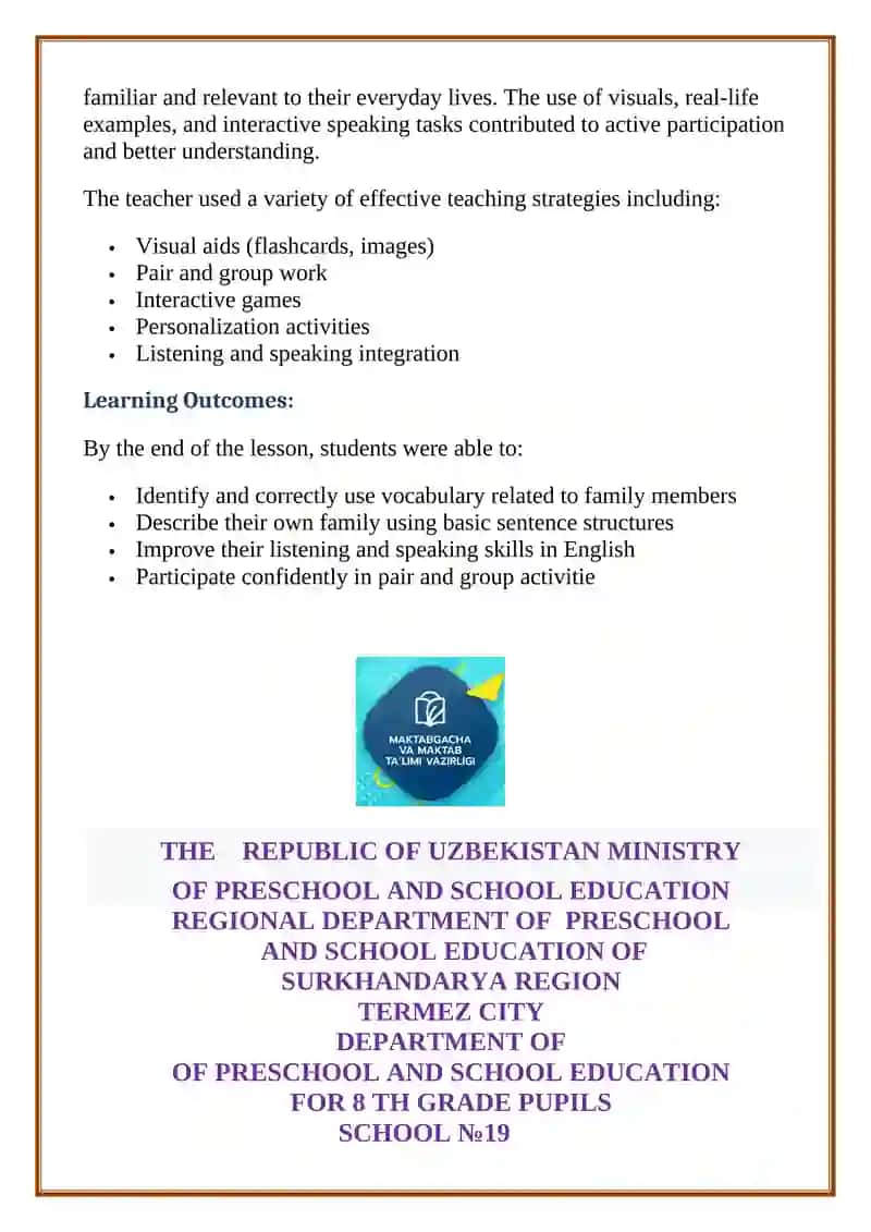 Open Lesson Report on the Topic "Families" by Akmuratova Sabrina 2