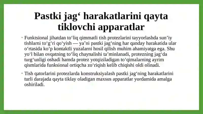 Pastki jag’ harakatlarini ta’minlovchi apparatlar. Artikulyatorlar va okklyudatorlar. Yoysiz va yoyli artikulyatorlar. 2