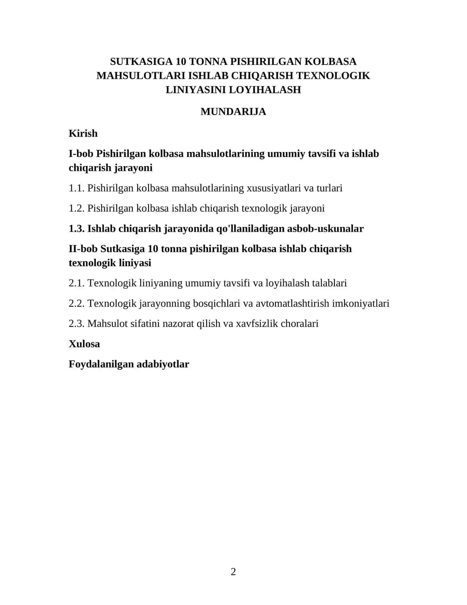 SUTKASIGA 10 TONNA PISHIRILGAN KOLBASA MAHSULOTLARI ISHLAB CHIQARISH TEXNOLOGIK LINIYASINI LOYIHALASH 2