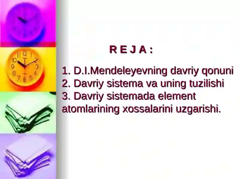 D.I.MENDELEYEVNING ELEMENTLAR DAVRIYQONUNIVA KIMYOVIY ELEMENTLAR DAVRIY SISTEMASI 2