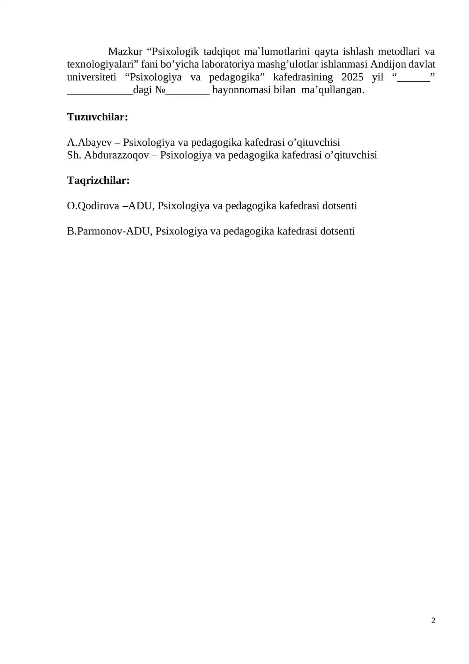 Psixologik tadqiqot ma`lumotlarini qayta ishlash metodlari va texnologiyalari fani bo’yicha laboratoriya mashg’ulotlar ishlanmasi 2