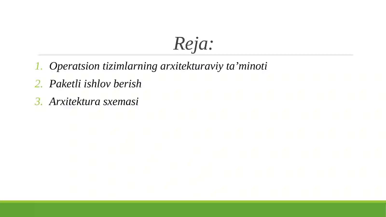 Operatsion tizimlarning arxitekturaviy ta’minoti. Paketli ishlov berish, Arxitektura sxemasi, Shina, CPU va xotiraning mantiqiy ko‘rinishi, Xotira segmentlari, Qurilma registrlari, Disk qurilmasi, Tarmoq qurilmasi, Qurilma drayverlari, Boot jarayoni 2