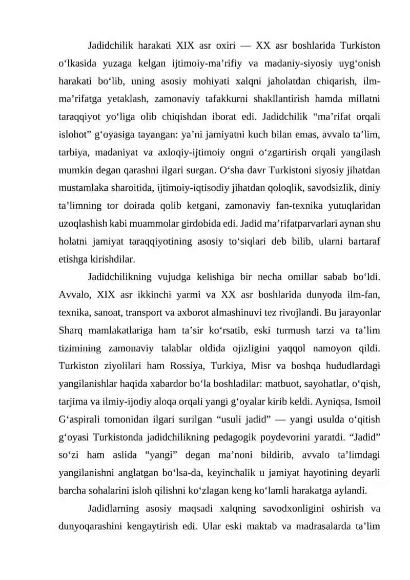 Jadid ma’rifatparvarlarining o‘lka ijtimoiy-ma’naviy hayotida tutgan o‘rni (Munavvar Qori, Fitrat, Behbudiy, Avloniy) 2