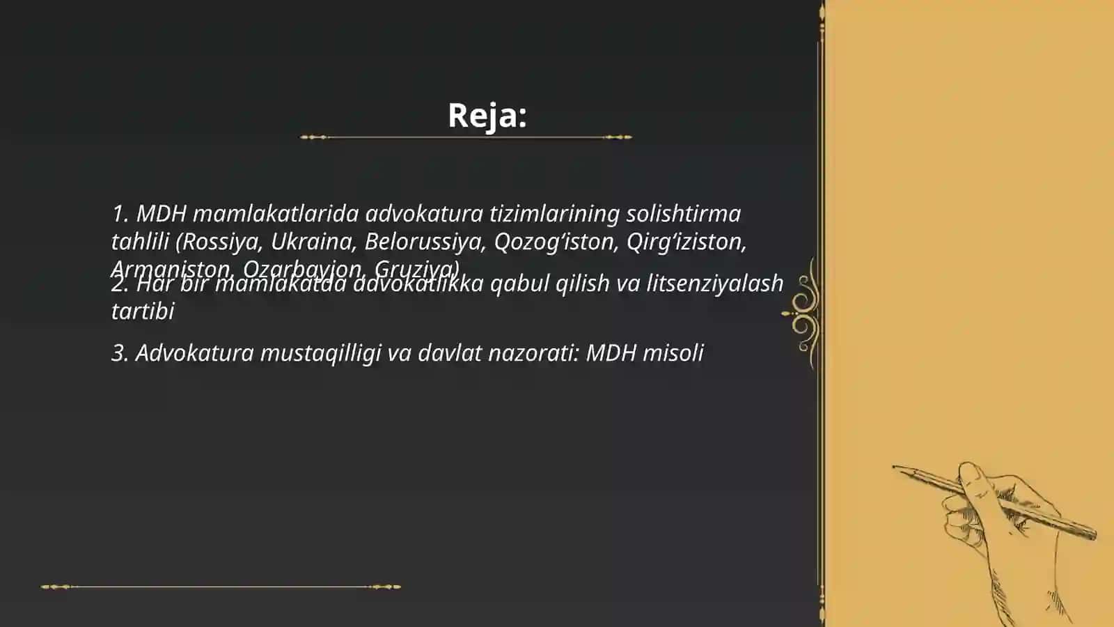 MDH mamlakatlari (Rossiya, Ukraina, Belorussiya, Qozogʻiston, Qirgʻiziston, Armaniston, Ozarbayjon, Gruziya) da advokatura 2