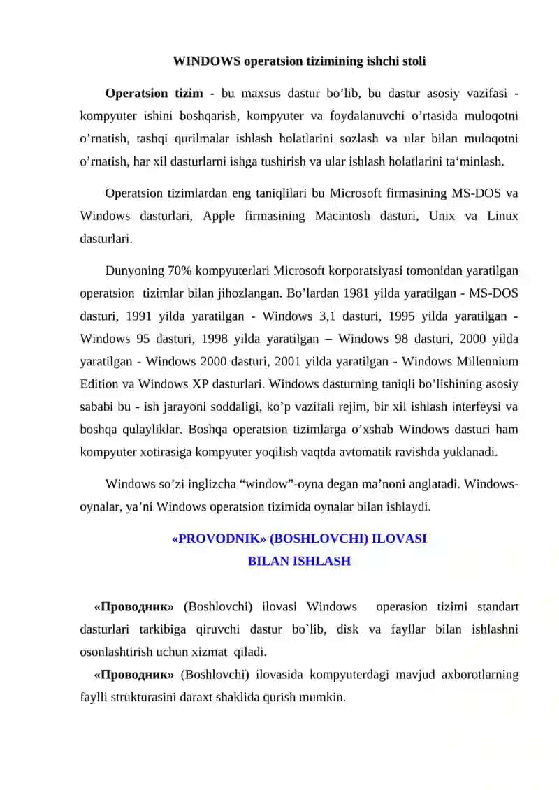 WINDOWS operatsion tizimining ishchi stoli 2