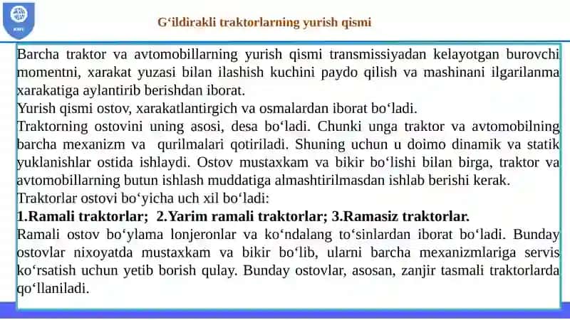 TRAKTOR VA TRANSPORT VOSITALARINING YURISH QISMI 2