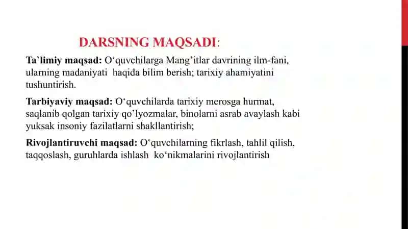 Mang'itlar davrida ilm-fan va madaniyat mikro dars ishlanma 2