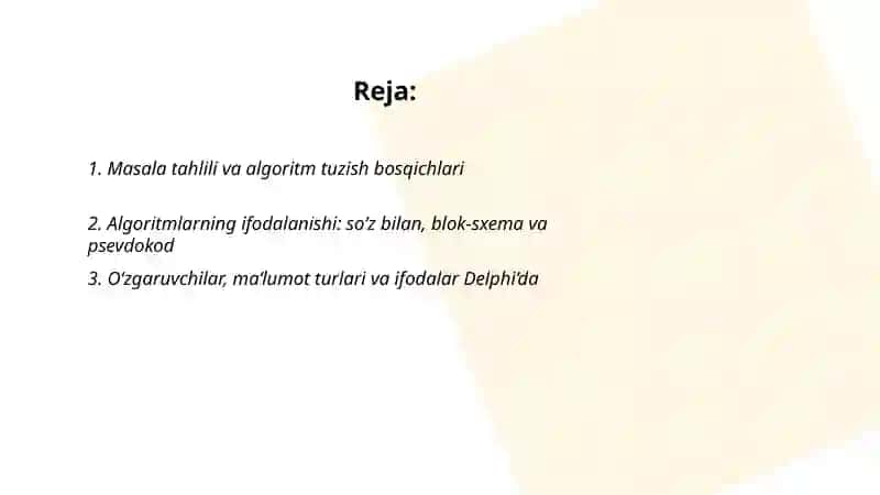 Masalalarning algoritmini tuzish va shu algoritm asosida Delphi dasturlash tilida dastur 2